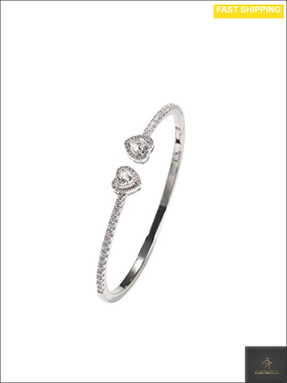 18K White Gold Plated Brass CZ Heart Open Cuff Bangle Bracelet for Women
